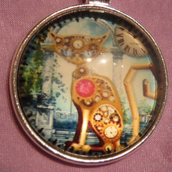 Steampunk Style Cabochon CAT Pendant Necklace with Chain (F36) - Picture 1 of 5